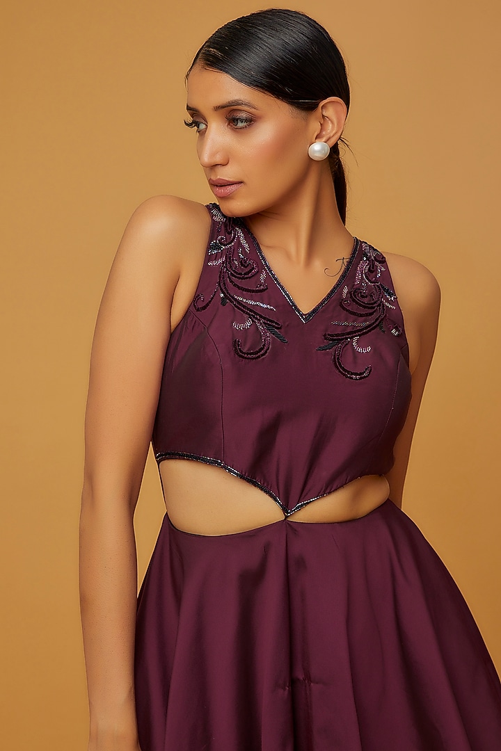 Wine Taffeta Embroidered Layered Engagement Gown by Mehak Murpana at Pernia's Pop Up Shop